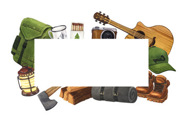 Watercolor round composition campsite with camera, backpack, gitar, boots, cup. Hand-drawn illustration hiking isolated on white background. For sticker: traveling, trip, banner, flyer, template.