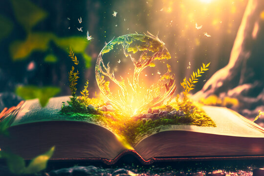 Aged book of magic open emitting magical sparks and smoke, evoking