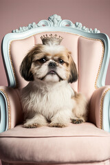 Shih Tzu Puppy Dog on a chair wearing a crown. pastel colors. generative ai.