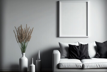 Blank picture frame mockup on white wall. White living room design. modern living room design. minimalism concept. generative ai.