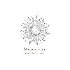Minimal bohemian vector logo design, Boho sun and moon logo, sun line art vector