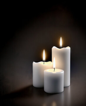 Three white burning candles on a dark background.  Generative ai