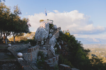 View of Kaiser's Throne observation deck lookout, Pelekas village, Corfu island, Greece, Kaiser...