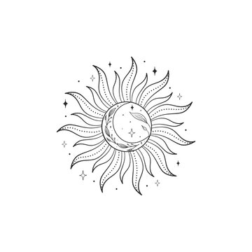 Minimal celestial vector design, Boho sun and moon symbol, illustration