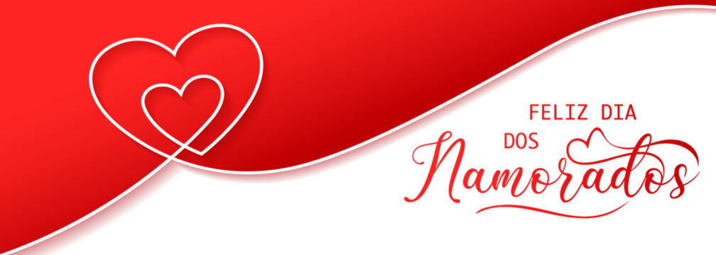 cartão ou banner para desejar um feliz dia dos namorados em vermelho com dois corações brancos sobre fundo vermelho e branco e uma fita vermelha formando um coração