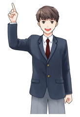 右手で指差す男子生徒