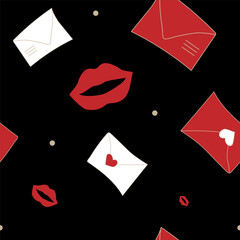 Vector illustration. Seamless pattern with hand drawn envelope and lips, dots. Cartoon background for Valentine's Day, Birthday, Women's Day and wedding design. Postcards, invitations, packaging.