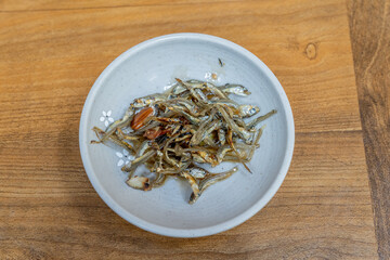 Fototapeta na wymiar Stir-fried anchovies, a side dish at a Korean restaurant
