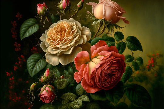 oil painting showing beautiful rose flowers, Generative AI