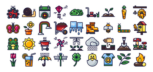 spring icon set. vector illustration for web, computer and mobile app. filled line style icon