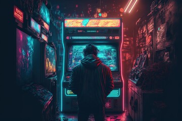 back view man playing retro video gaming hall, a synthwave hall with slot machines background ,90s vibes ,cyberpunk,Generative ai
