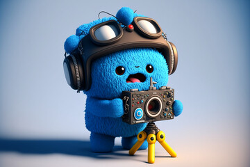 blue cute monster with a camera - obrazy, fototapety, plakaty
