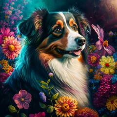 A cute Australian Shepard breed dog around colorful flowers, print for your décor for postcard, congratulations and poster. Generative AI 