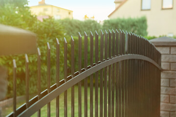 Iron railing of beautiful fence outdoors, closeup