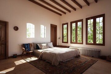 Luxurious Spanish Style Primary Bedroom Interior with wooden beams large windows spring minimal staged with furniture daylight luscious greenery views Made with Generative Ai