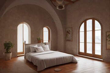 Beautiful Cozy Spanish Style Primary Bedroom Interior with wooden beams hardwood floors with large arched windows spring minimal staged at golden hour furniture Made with Generative Ai
