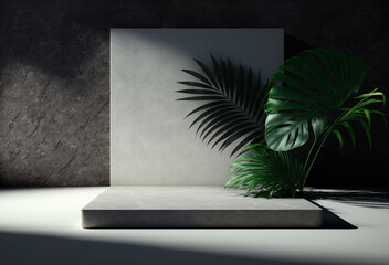 Square stone showcase, natural mockup, product display stage with monstera palm leaves, plain stone background, 3d illustration.	
