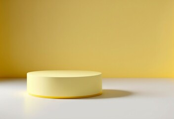 Yellow pastel product display showcase, empty podium for mockup, round pedestal with plain background, 3d illustration template