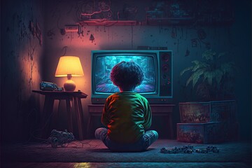 back view  little boy in his gaming room sitting on the floor playing on Retro video game,80s vibes ,cyberpunk colored futuristic,high definition, soft lighting, ambient light,Generative ai	
