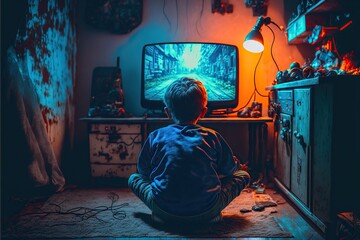 back view  little boy in his gaming room sitting on the floor playing on Retro video game,80s vibes ,cyberpunk colored futuristic,high definition, soft lighting, ambient light,Generative ai	
