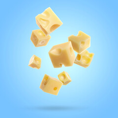 Pieces of delicious cheese falling on light blue background