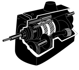 Gearbox illustration black and white blueprint