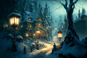 Fototapeta na wymiar Fantasy house and path with lanterns winter scene AI Generative 
