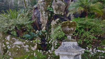 Garden vase near a moss-covered rock in a park