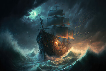 Pirate ship navigating during a storm. Thunder, rain big waves on the ocean. Black boat setting sails on rough water, sea. Digital artwork, painting. (ai generated)