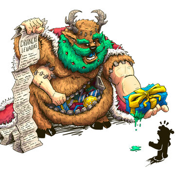 Arte digital de Rena natalina monstruosa e gigantesca assustando uma crian&ccedil;a levada e mal criada. Desenho de Monstro retalhado de natal. criatura que pega pestinhas e entrega presentes podres.