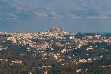 Corfu island view from Kaiser's Throne observation deck lookout, Pelekas village, Greece, Kaiser...