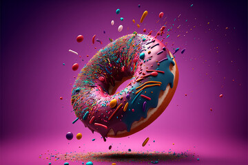 donut with many toppings, floating donut, colorful donut, donut with colorful background, with Generative AI Techonology.
