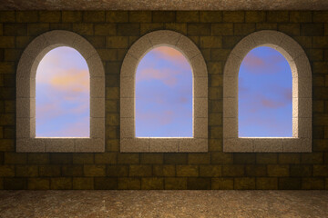 Backdrop of a wall with three windows with semicircular arches on a sky with soft twilight lighting. Atmosphere of an ancient castle, palace, or medieval architecture. 3D Rendering