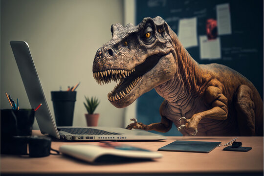 Fototapeta T Rex dinosaur, Tyrannosaurus rex in the room concept. Big aggressive dino is in an office settings sitting at a desk with a laptop and computer working, taking care of business.  . Generative ai