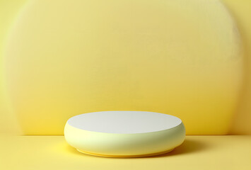 Yellow pastel product display showcase, empty podium for mockup, round pedestal with plain background, 3d illustration template