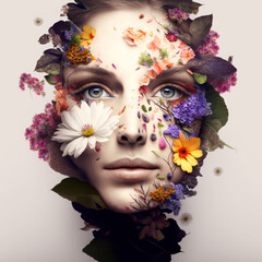 Abstract face of a young woman with colorful flowers - Generative AI