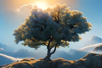sunset in the mountains with the tree of life - generative AI illustration