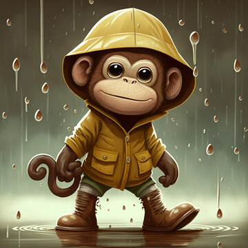 Happy animal in the rain illustration, smiling, brown and yellow colors, generative AI
