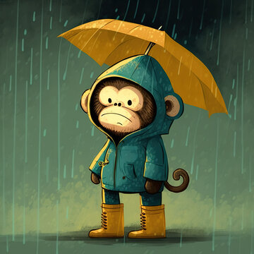 Illustration of a sad monkey holding an umbrella in the rain, generative AI