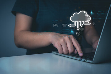 Cloud computing technology diagram concept, for enterprise or entrepreneur, businessperson or customer touching laptop to showing infographics global cloud network, icons concept.