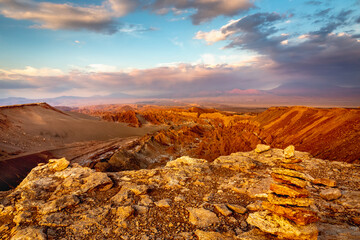 Moon Valley, Valle de la Luna dramatic landscape a Sunset, Atacama Desert, Chile