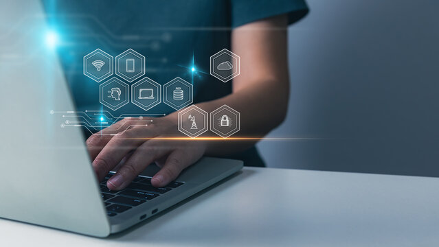 Cloud computing technology and data storage concept, for enterprise or entrepreneur, businessperson using laptop to access cloud system, data center, cybersecurity network or financial and business.