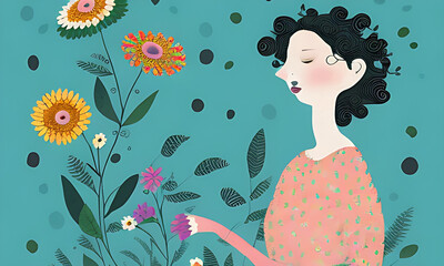 Generative AI : whimsical drawing of lady and flowers, pastel colors
