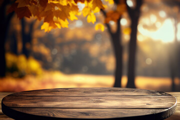 Naklejka na ściany i meble Empty wooden table and outdoor autumn view