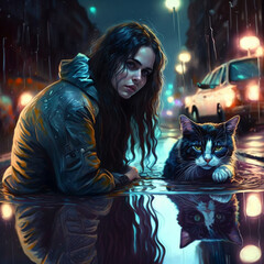 Fototapeta na wymiar Long Haired Brunette Girl Woman Lays Down to help Large Cat in City Streets in the Flooding Rain