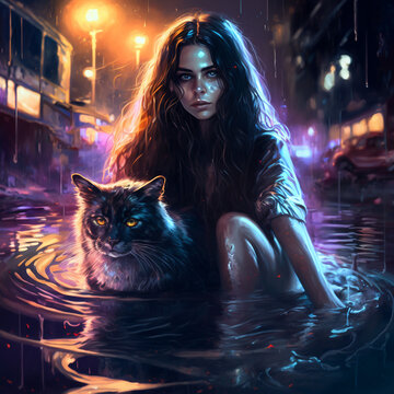 Large Cat and Girl Sitting In Deep Puddle on Flooded City Street Reflections Color Saturated