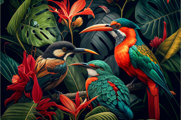 Tropical wallpaper background with plants and birds. Generative AI