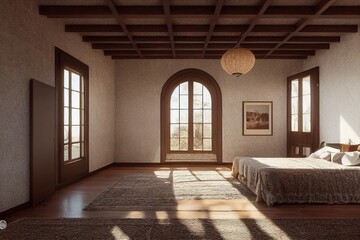 Luxurious Cozy Winter Spanish style primary room interior with minimal staged furniture with large arched windows direct sunlight daylight made with generative ai