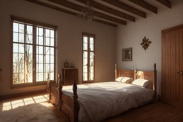 Luxurious Cozy Winter Modern Spanish style primary room interior with minimal staged furniture with large windows direct sunlight daylight made with generative ai