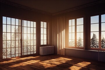 Beautiful Luxurious Spanish style primary room interior with minimal staged furniture at golden hour made with generative ai